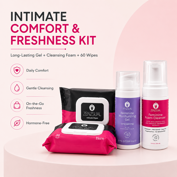Zenzsual Intimate Comfort & Freshness Kit – Long-Lasting Gel, Foam & Wipes, 4-Piece Set