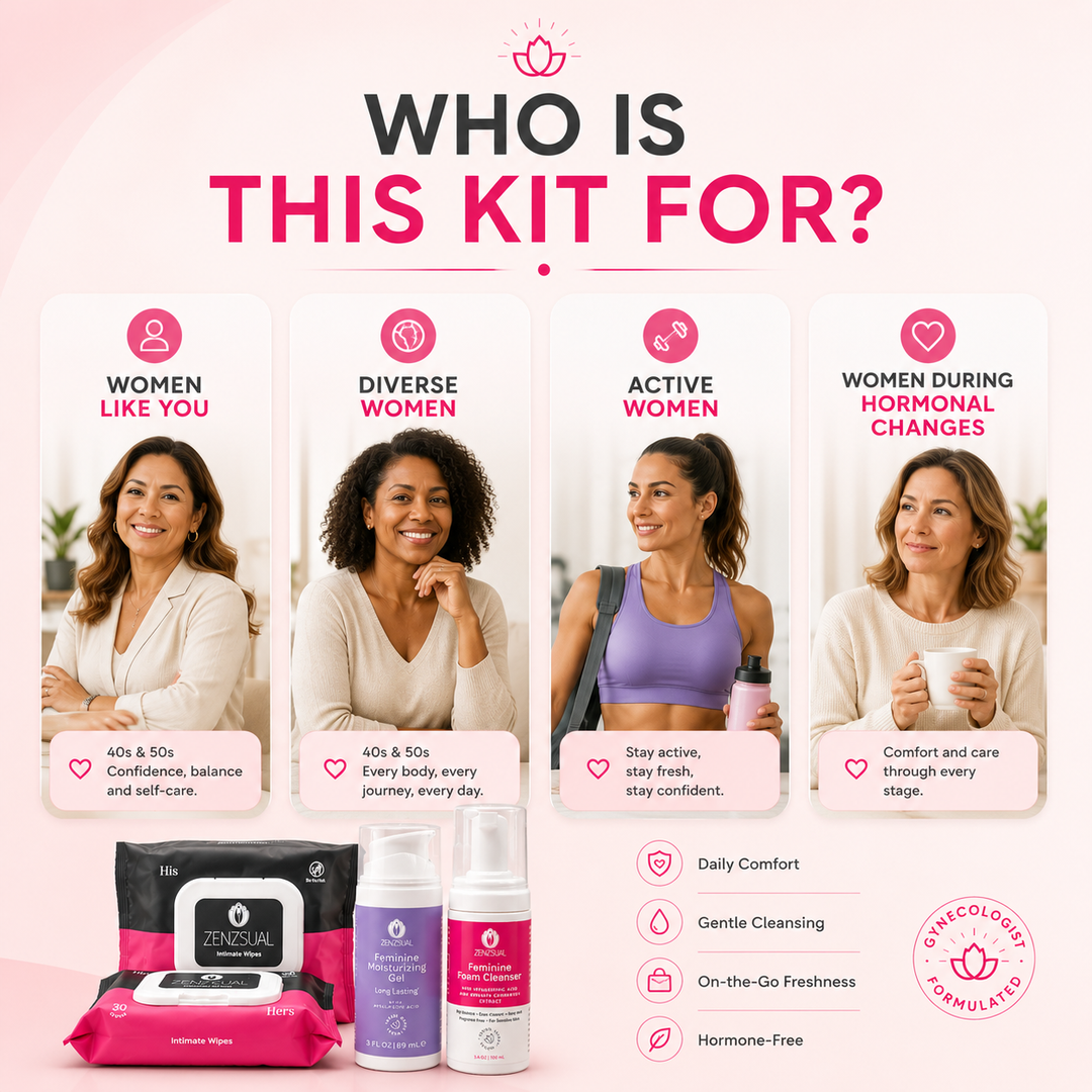 Zenzsual Intimate Comfort & Freshness Kit – Long-Lasting Gel, Foam & Wipes, 4-Piece Set