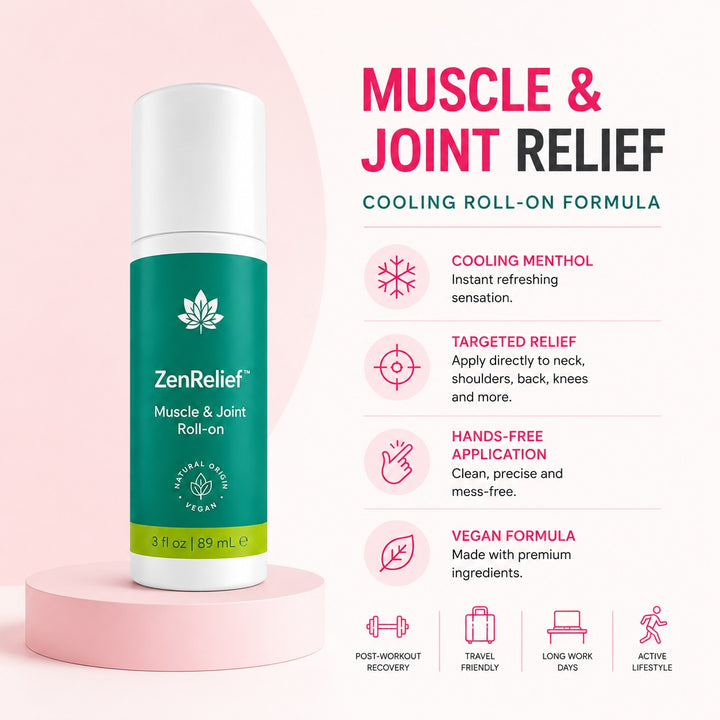 Zenzsual ZenRelief Cooling Roll-On for Muscles & Joints – Menthol & Essential Oils, 3 fl oz