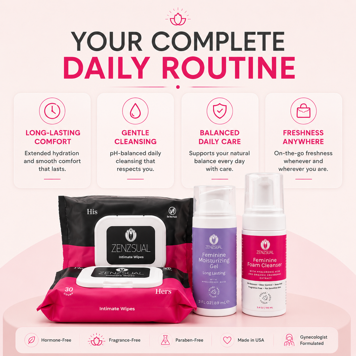 Zenzsual Intimate Comfort & Freshness Kit – Long-Lasting Gel, Foam & Wipes, 4-Piece Set
