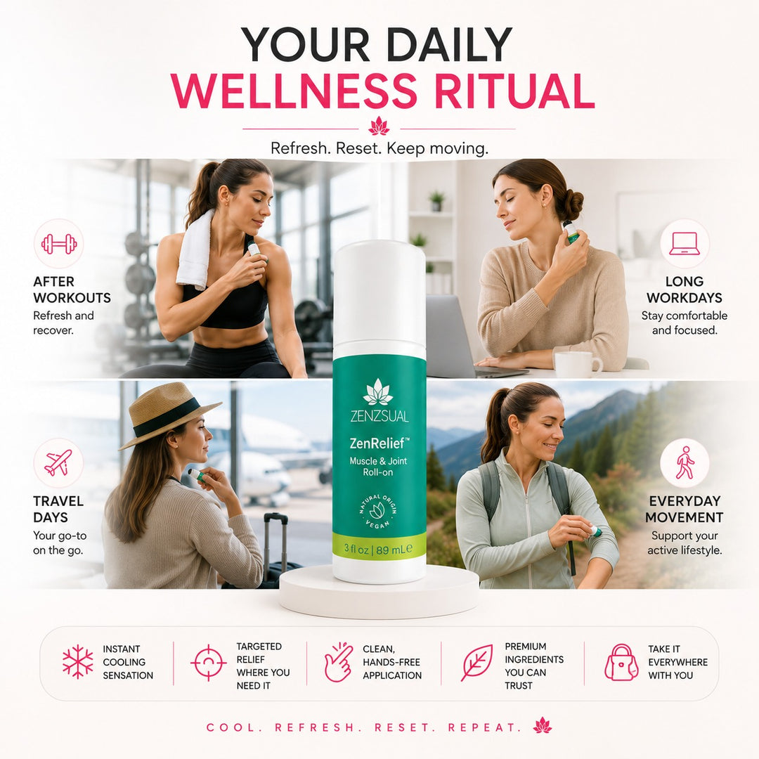 Zenzsual ZenRelief Cooling Roll-On for Muscles & Joints – Menthol & Essential Oils, 3 fl oz