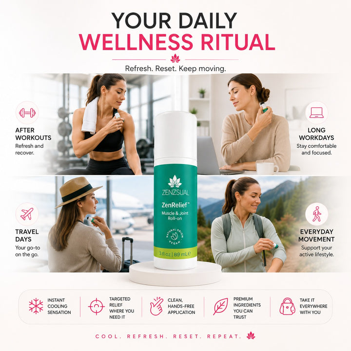Zenzsual ZenRelief Cooling Roll-On for Muscles & Joints – Menthol & Essential Oils, 3 fl oz