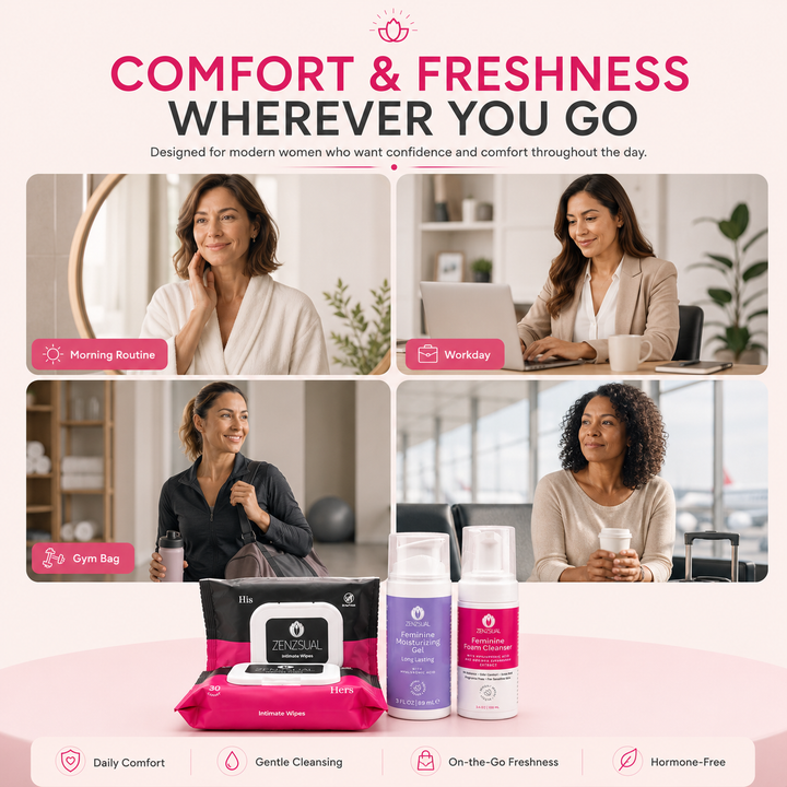 Zenzsual Intimate Comfort & Freshness Kit – Long-Lasting Gel, Foam & Wipes, 4-Piece Set