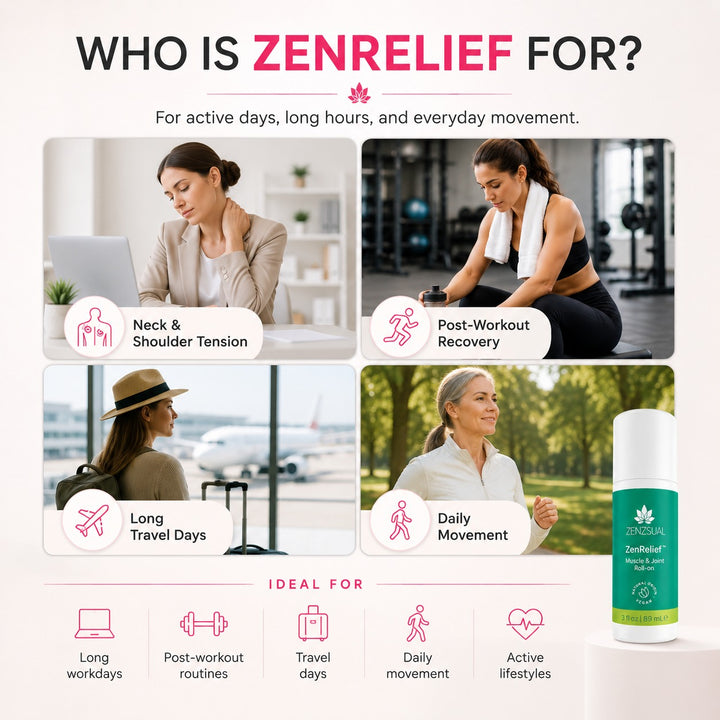 Zenzsual ZenRelief Cooling Roll-On for Muscles & Joints – Menthol & Essential Oils, 3 fl oz