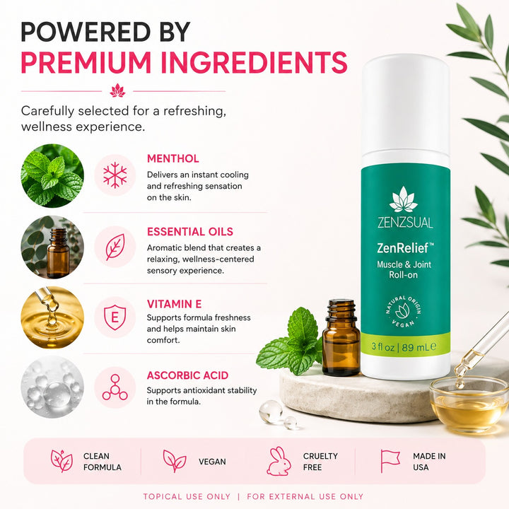 Zenzsual ZenRelief Cooling Roll-On for Muscles & Joints – Menthol & Essential Oils, 3 fl oz