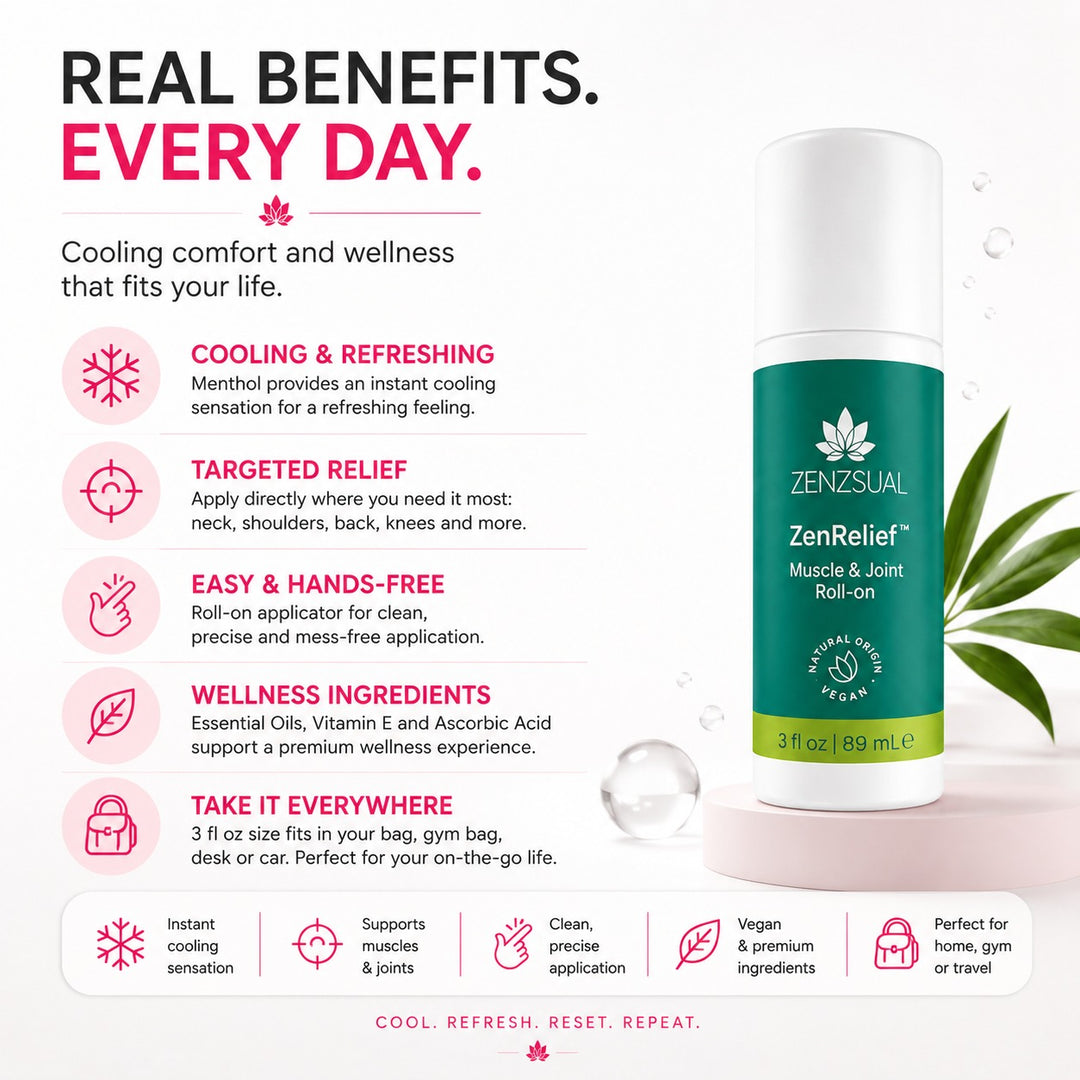 Zenzsual ZenRelief Cooling Roll-On for Muscles & Joints – Menthol & Essential Oils, 3 fl oz